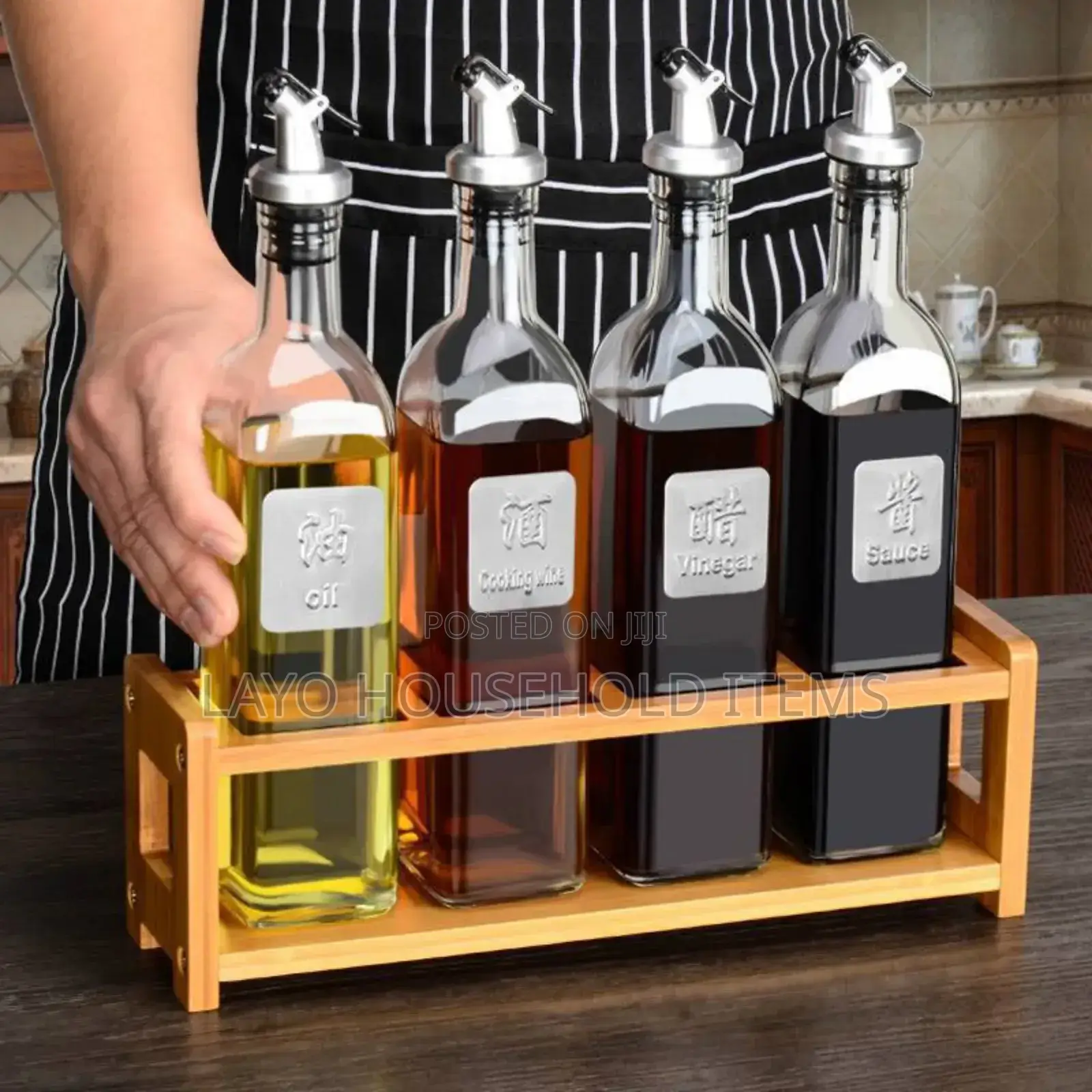 5pcs Oil Vinegar Jar Set With Wooden Stand