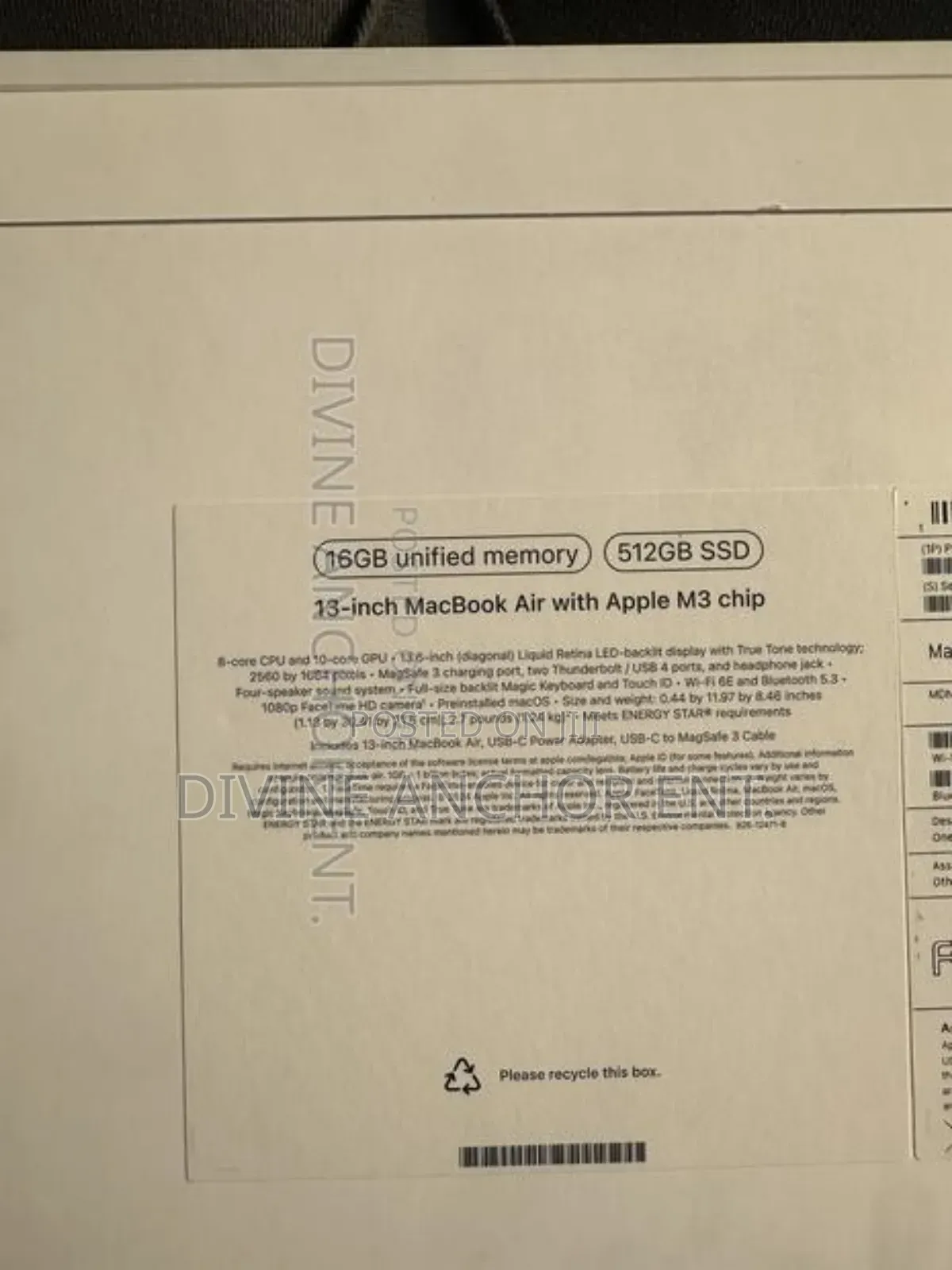 New Laptop Apple MacBook Air 2024 M3 13-inch 16GB Apple M3 SSD 512GB