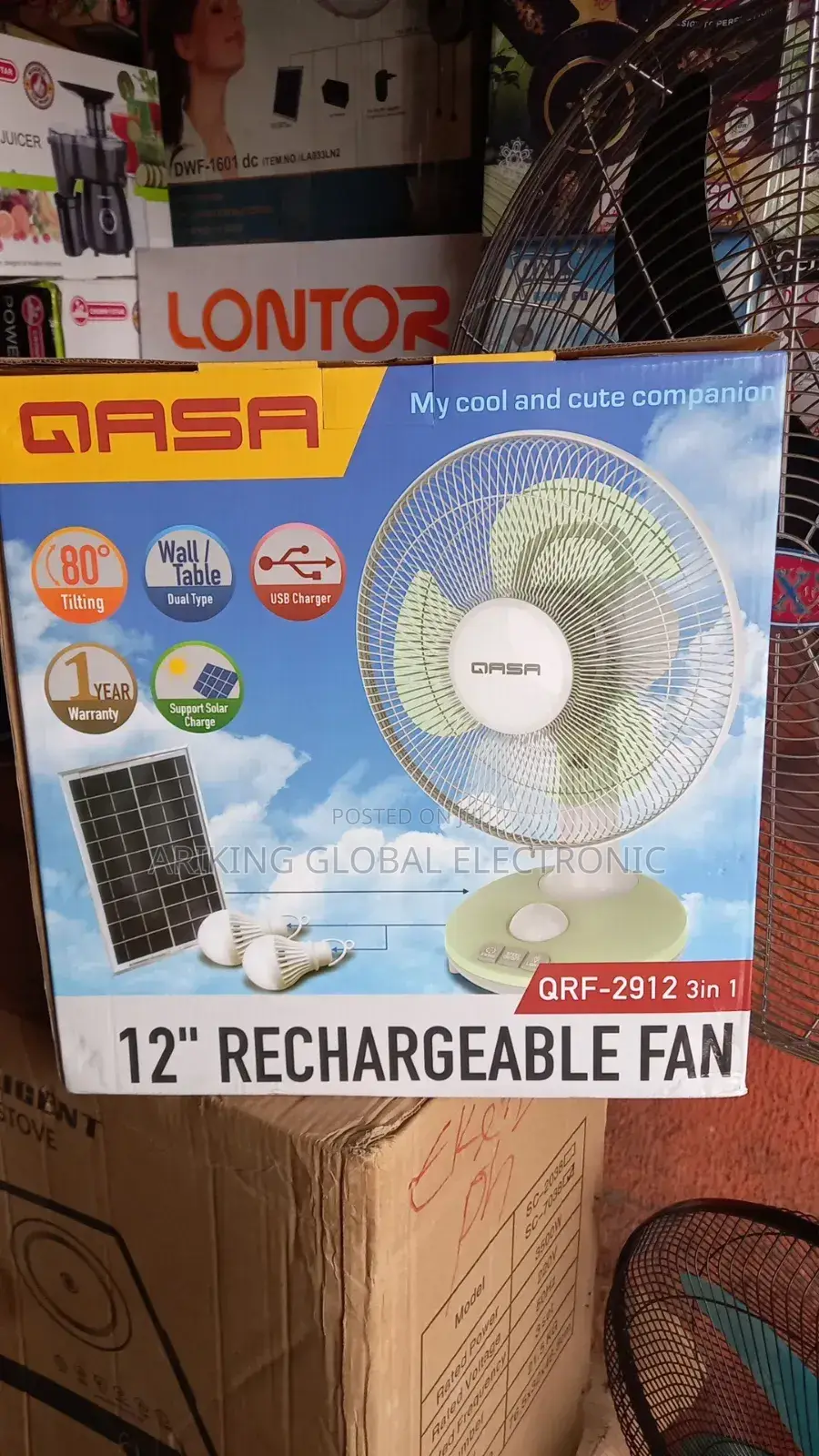 Qasa Rechargeable Fan 12inch With Solar Panel