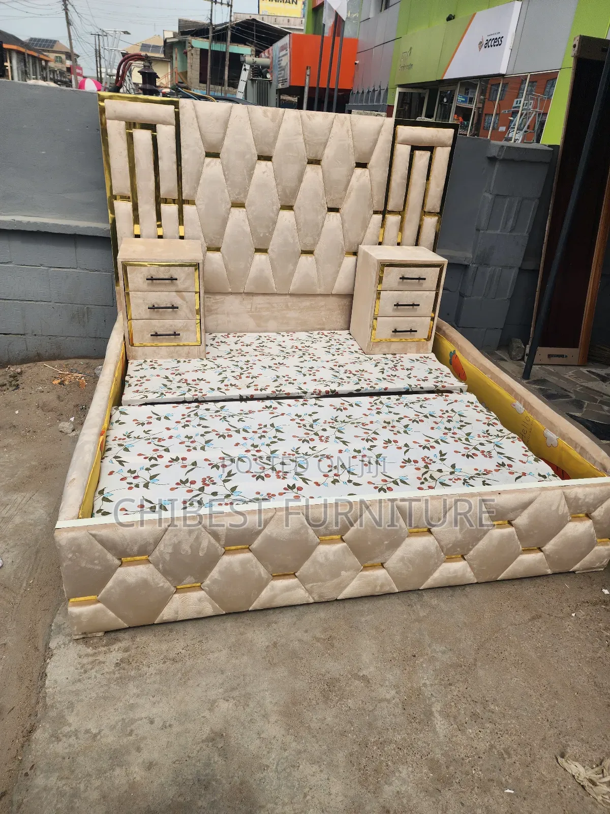 6by6 Cream Coloured Padded Bed Stand With Side Drawers.