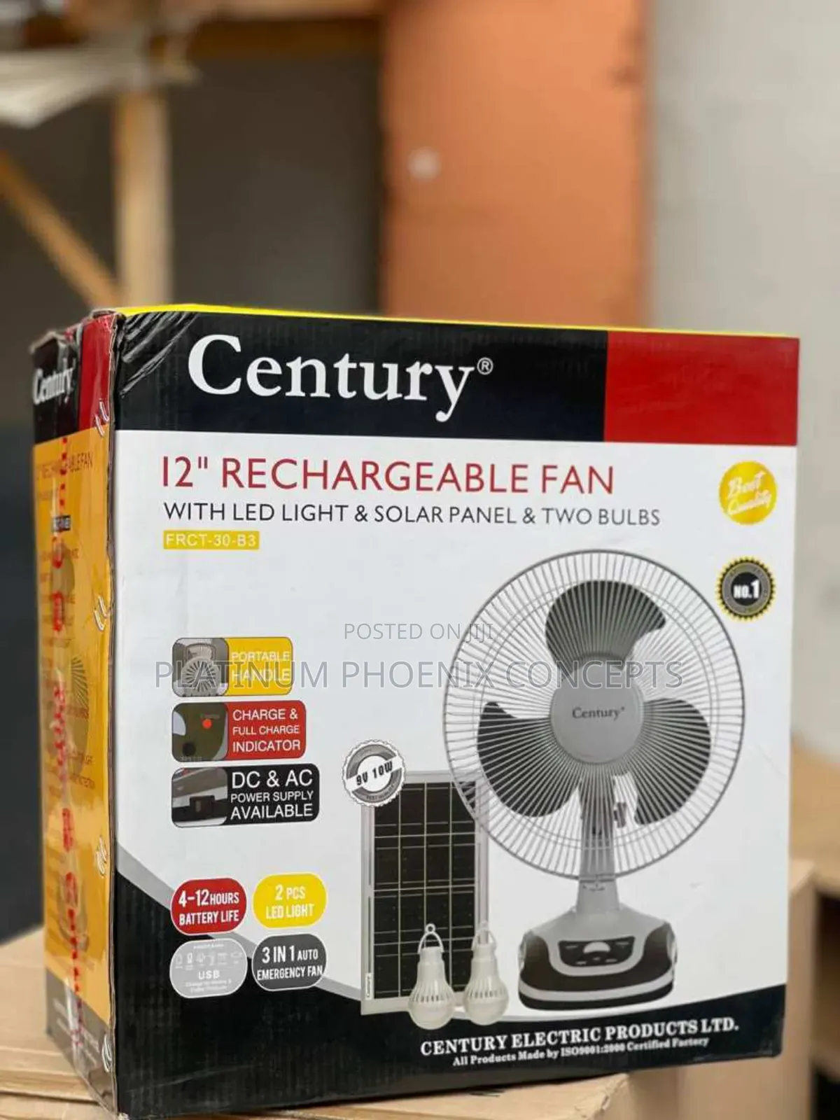 Century Rechargeable Fan With Solar Panel and 2 Bulbs