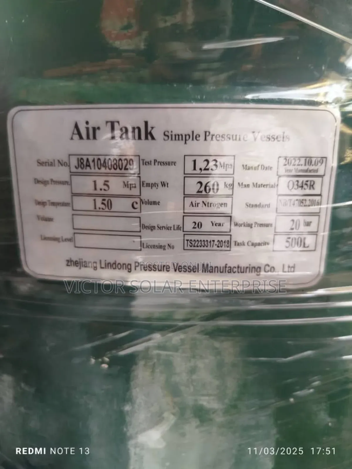 Air Receiver Tank 20ba 500liter