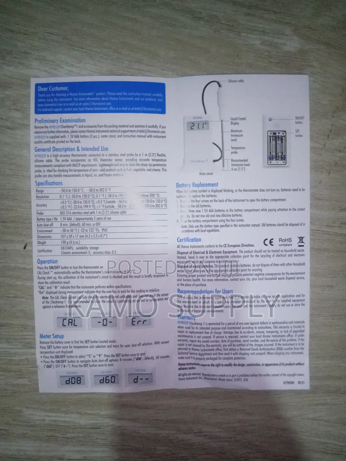Hanna Hi98509 Checktemp1 Digital Thermometer