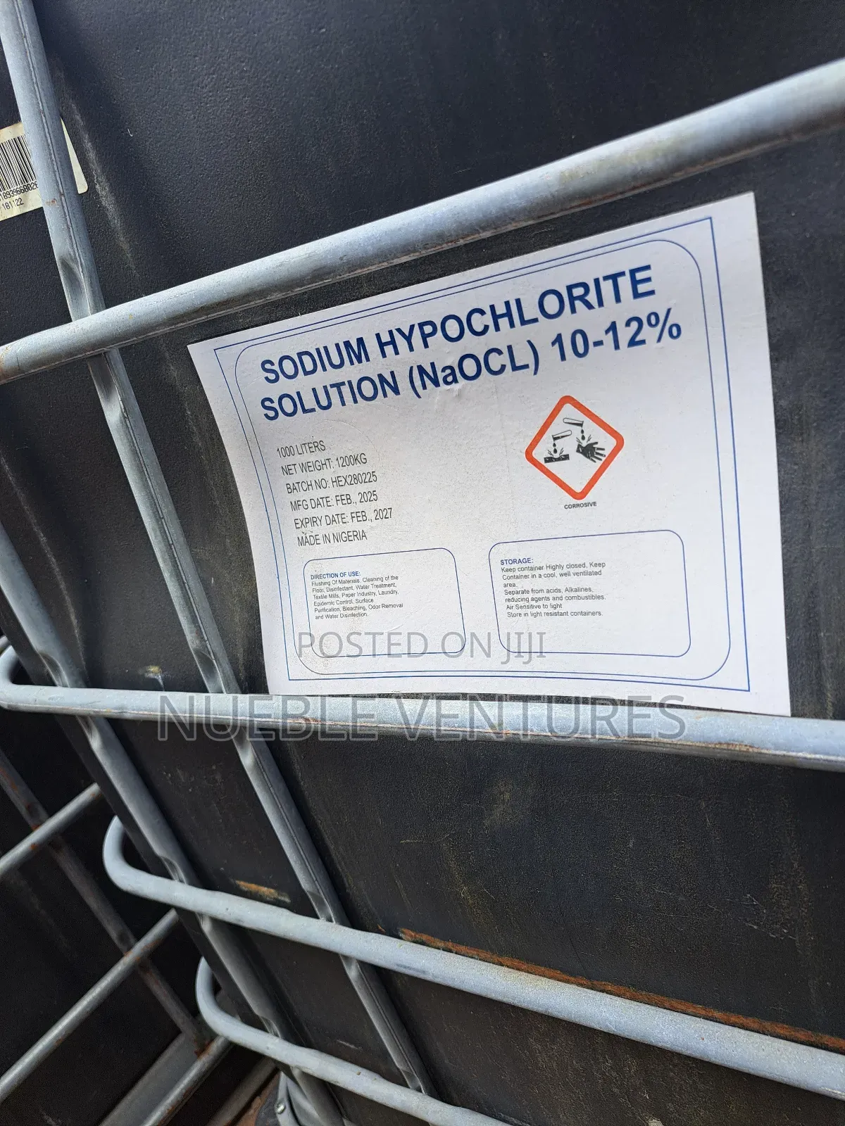 Sodium Hypochlorite/Bleach Bottle, Keg, Drum, Ibc.