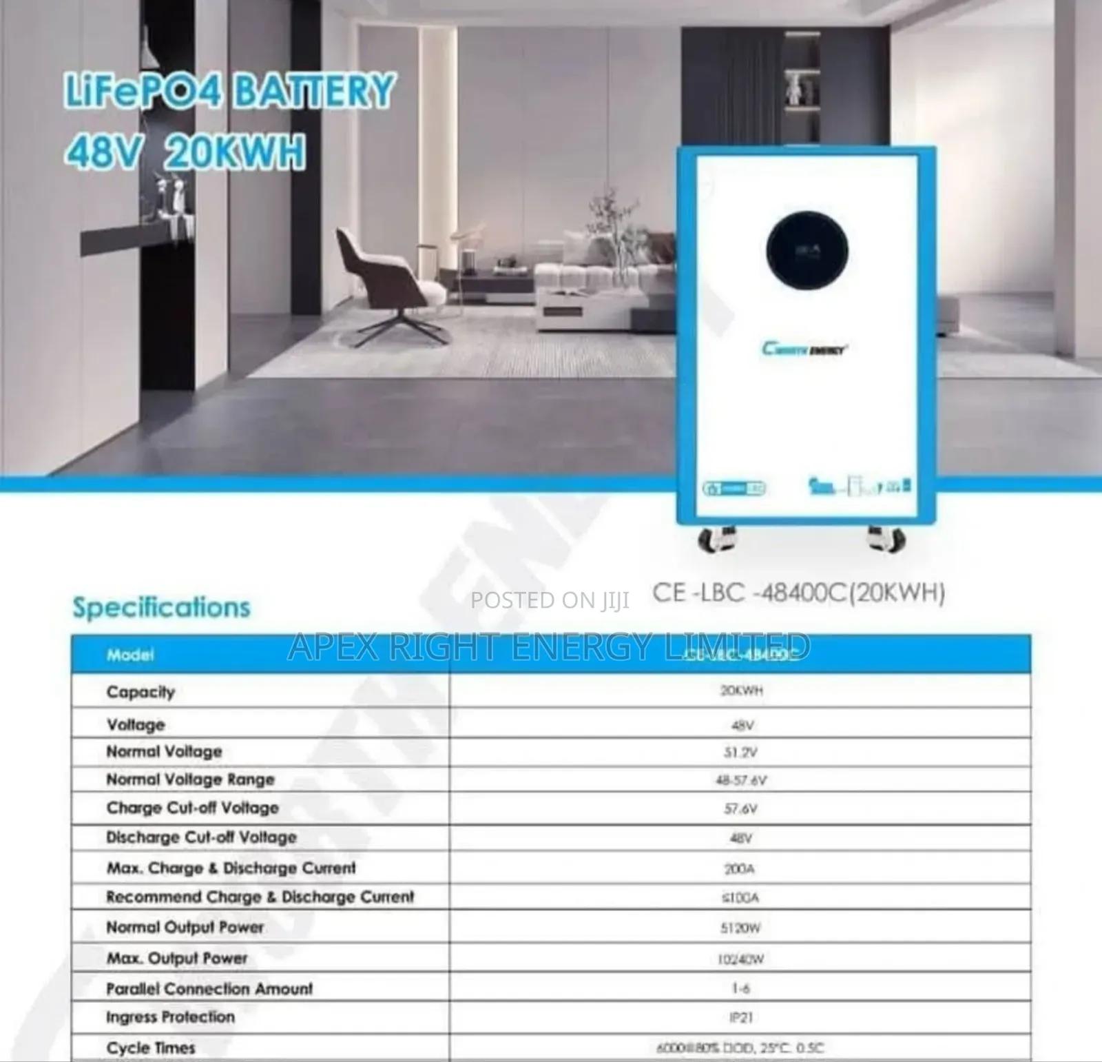 20kwh Cworth Lithium Ion Phosphate Battery 51.2volts
