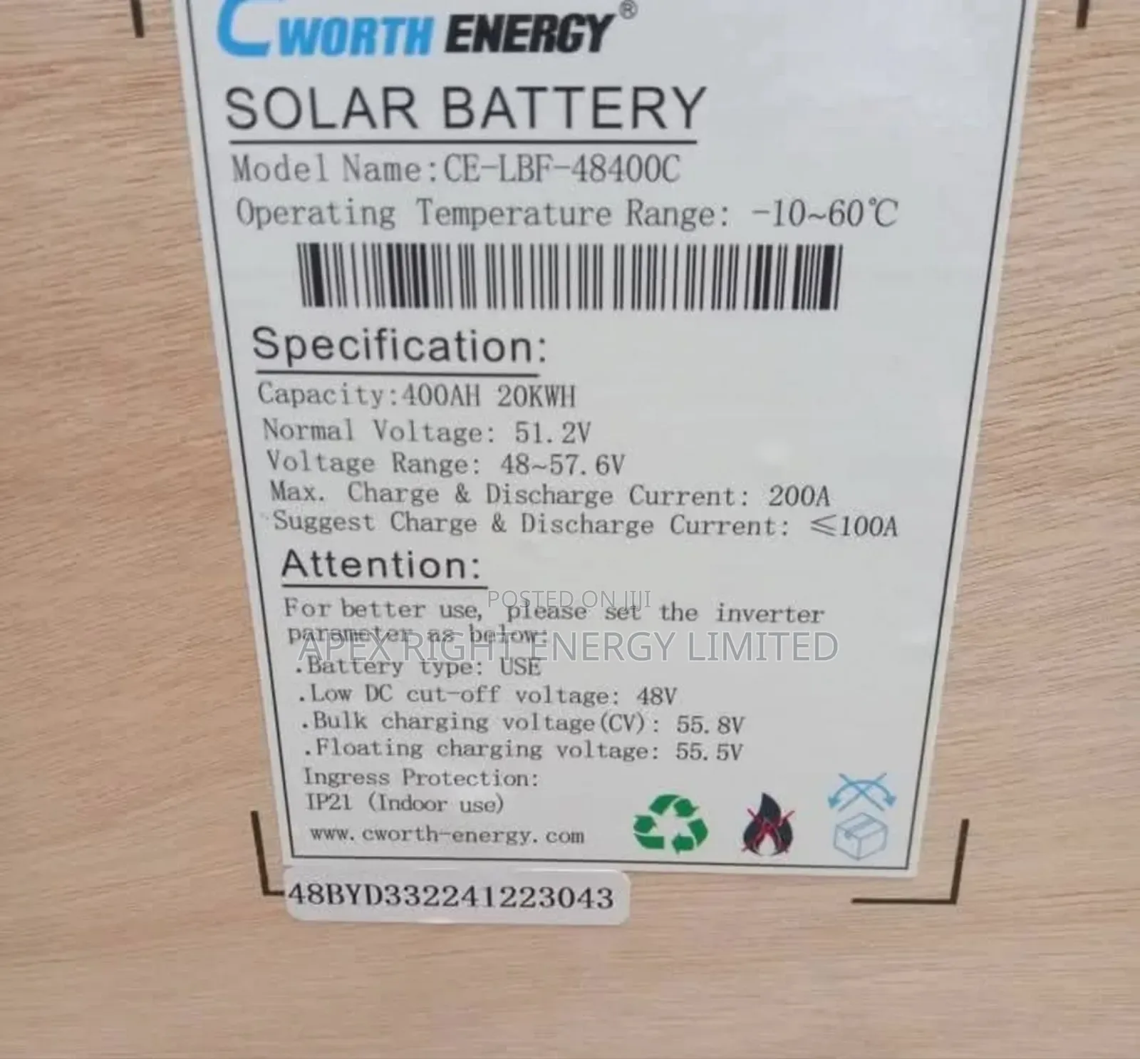 20kwh Cworth Lithium Ion Phosphate Battery 51.2volts