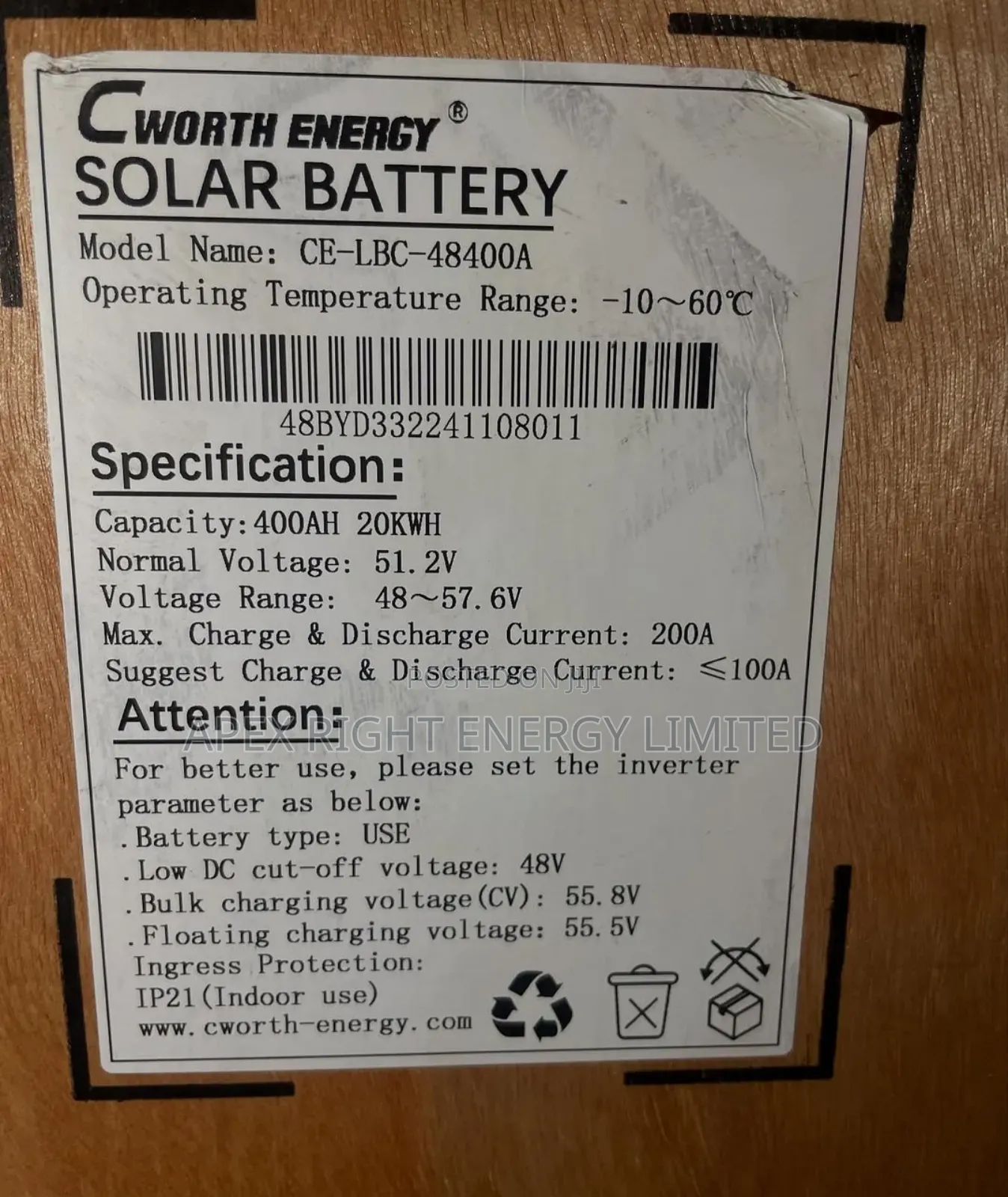20kwh Cworth Lithium Ion Phosphate Battery 51.2volts
