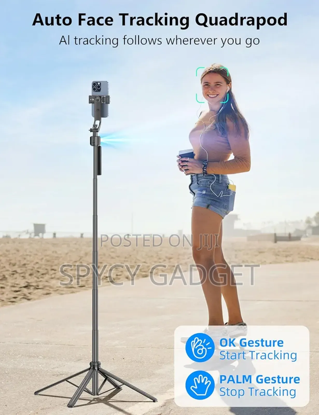 64" Auto Face Tracking Selfie Stick Quadrapod Stand Gimbal