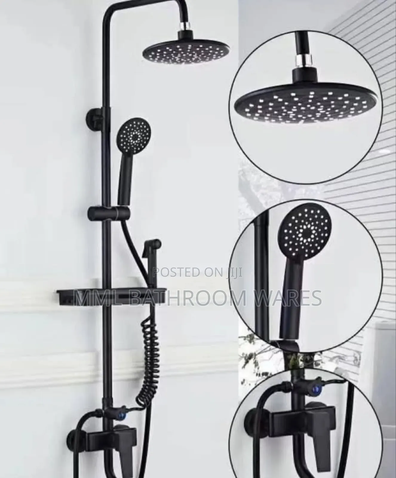 Round Black Shower With Shattaf Bidet Spray and Shower Rack
