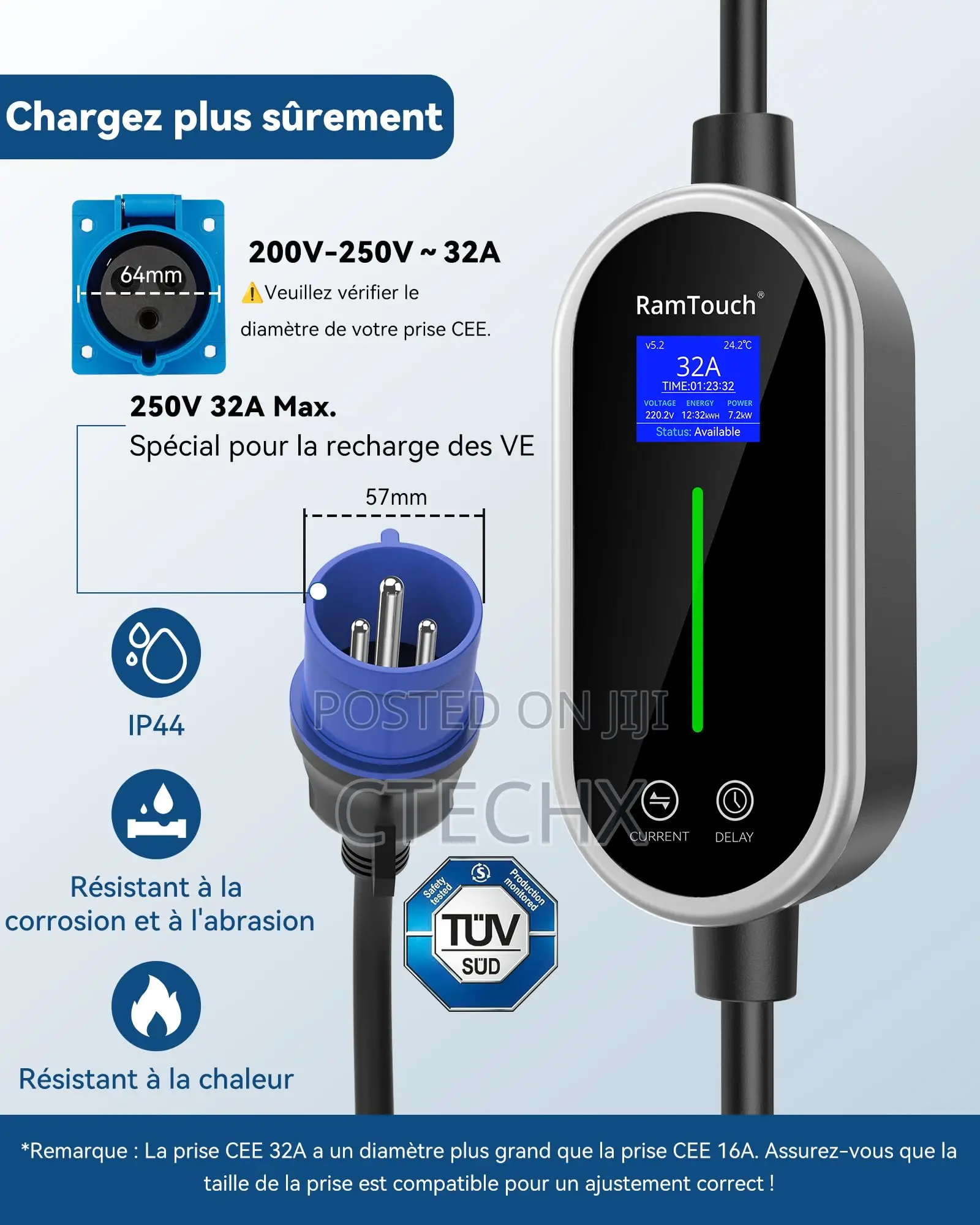 Ramtouch Electric Vehicle Charger 32a, 7.4kw, 6.5m Type 2