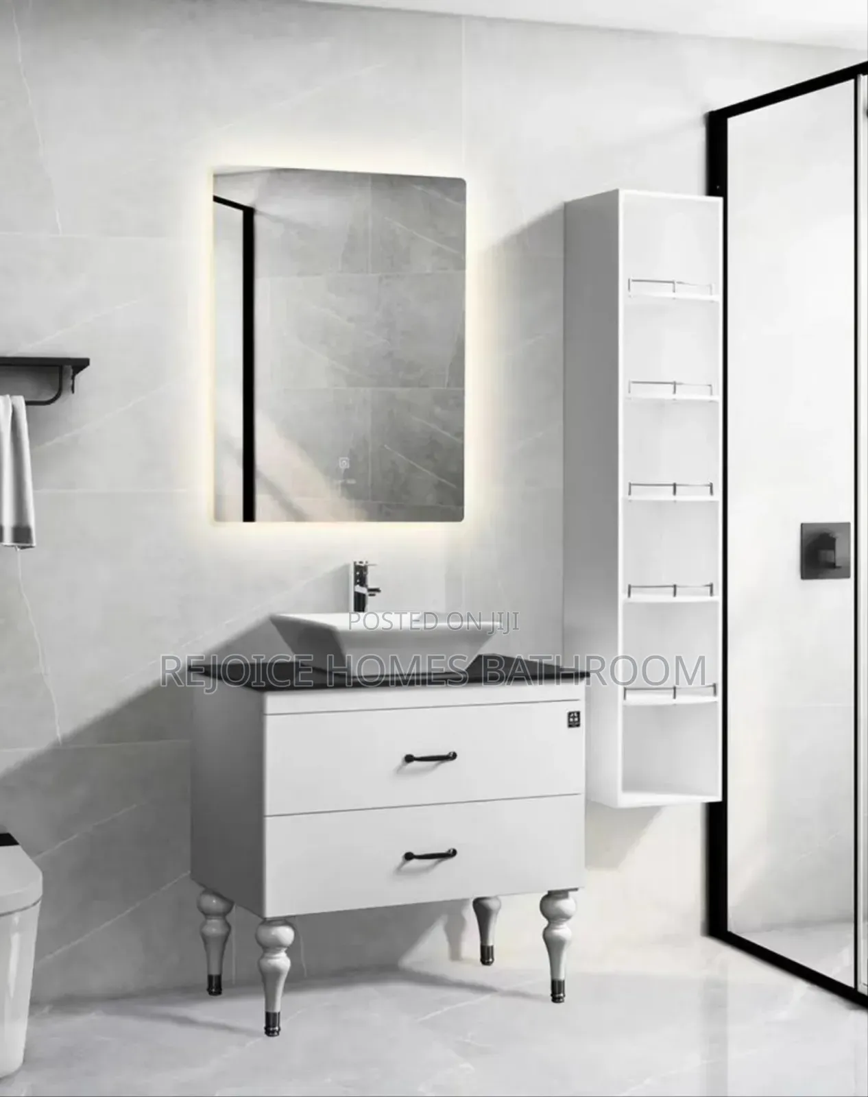 White Bathroom Cabinet Set and Black Countertop Led Mirror