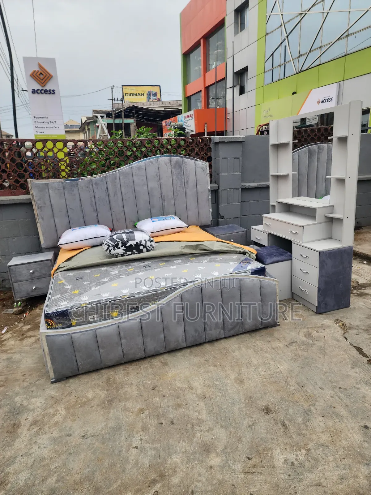 Grey Stand 6by6 Bed With Dressing Mirror and Bed Sides.