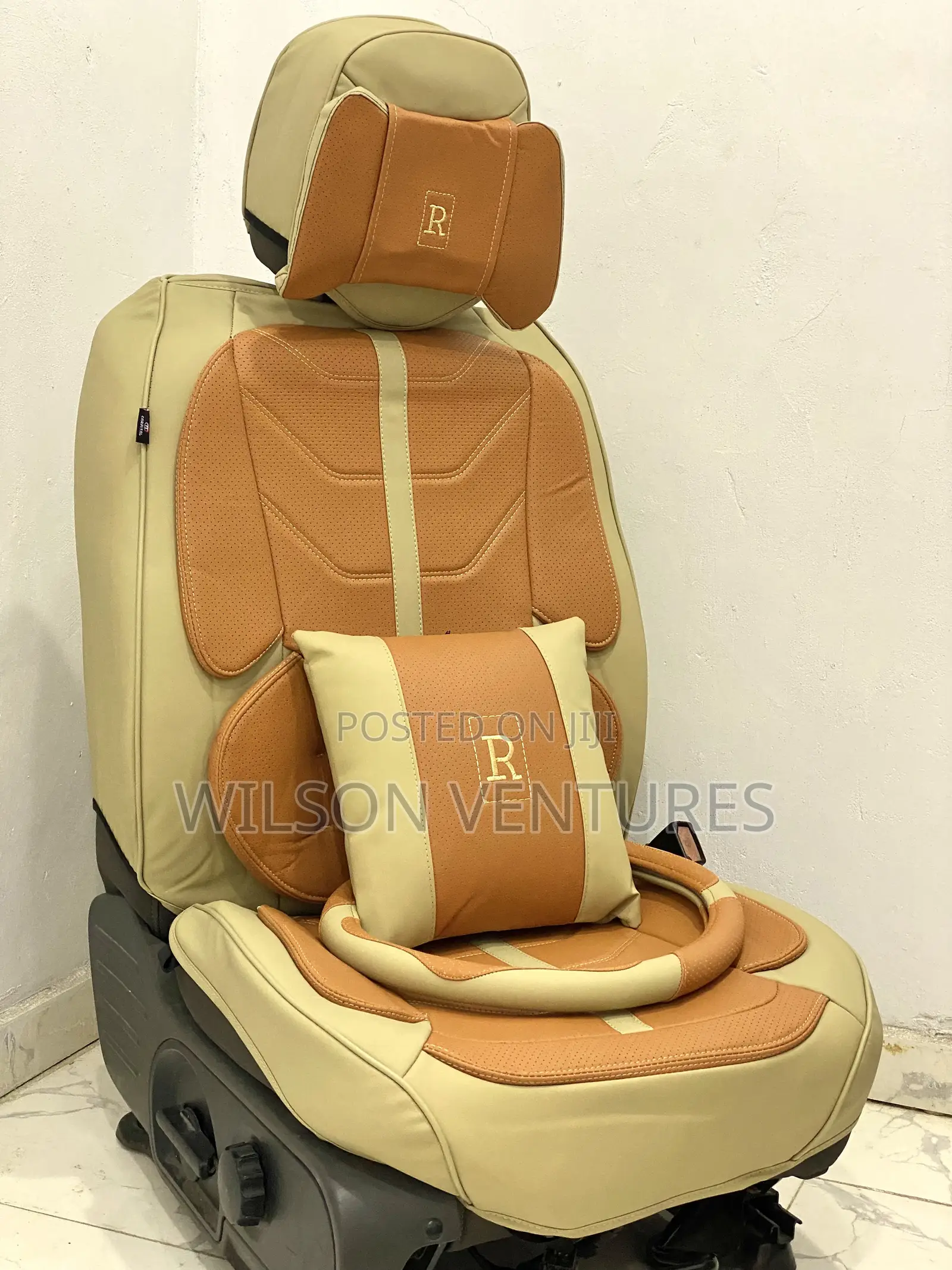 Cream and Orange Color R Power Car Seat Cover