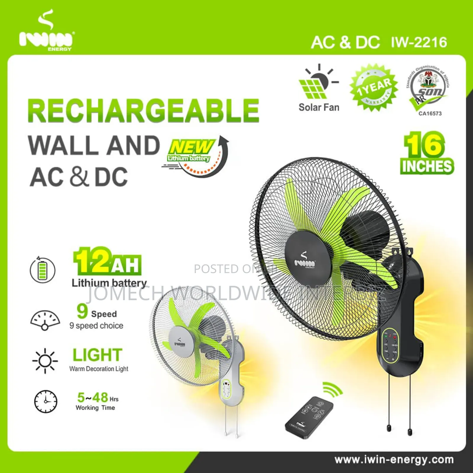 16" Ac Dc Rechargeable Wall Fan