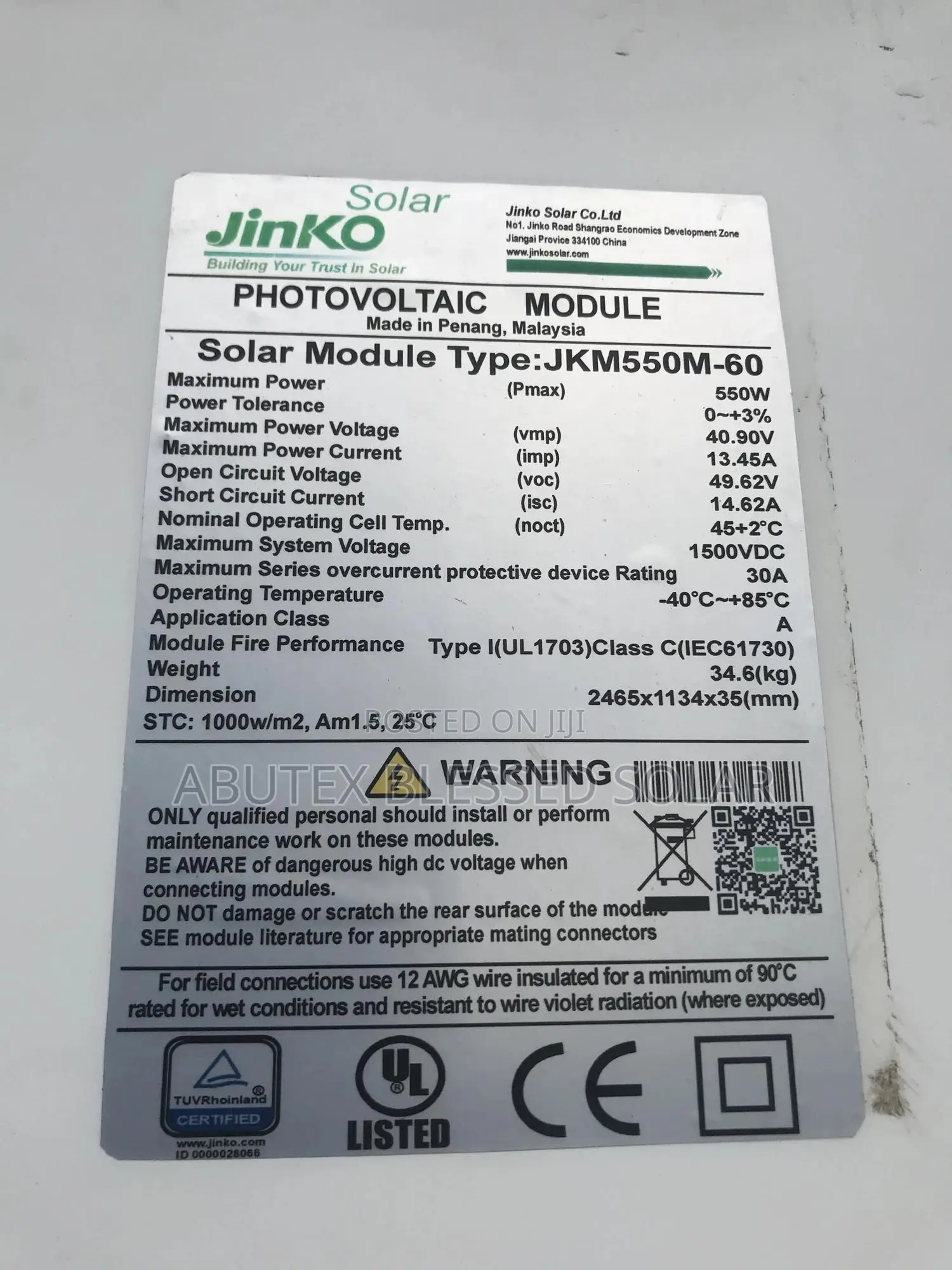 550watt Jinko Solar Panel Mono