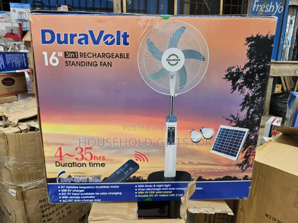16inches Duravolt Rechargeable Fan With Solar Panel and Bulb
