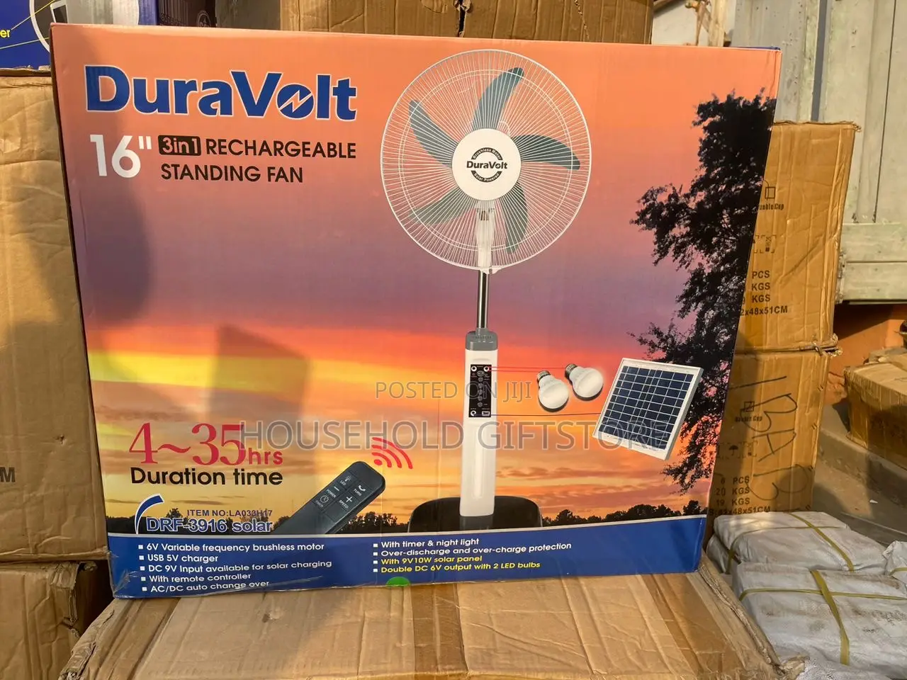 16inches Duravolt Rechargeable Fan With Solar Panel and Bulb