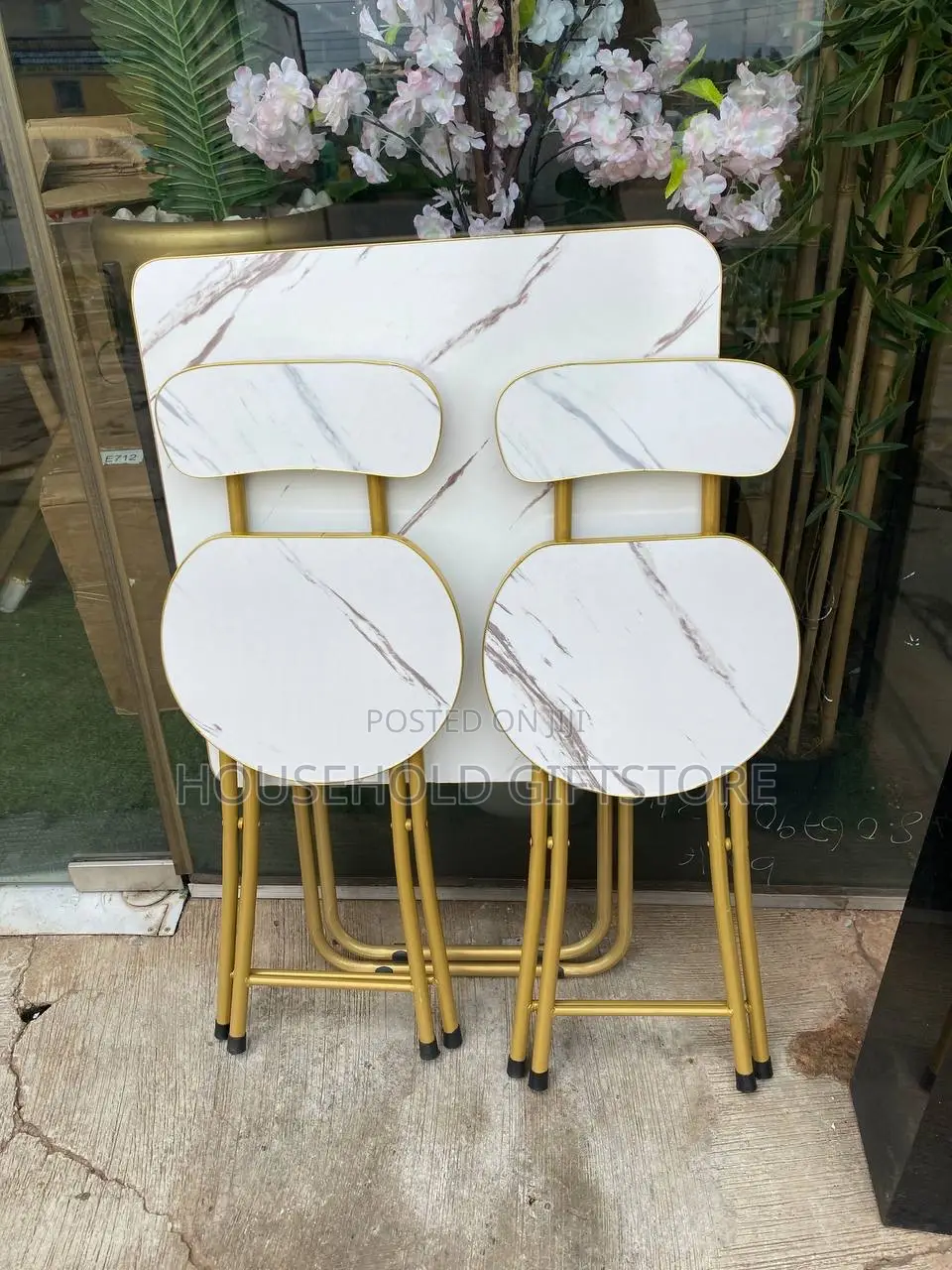 White Marble Design Foldable Table and 2 Chair