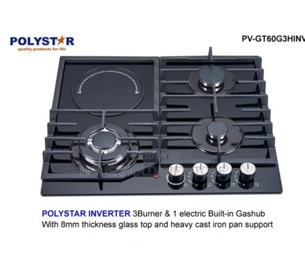 Polystar Inbuilt Gas Cooker With 3burner+ Inverter Hotplate