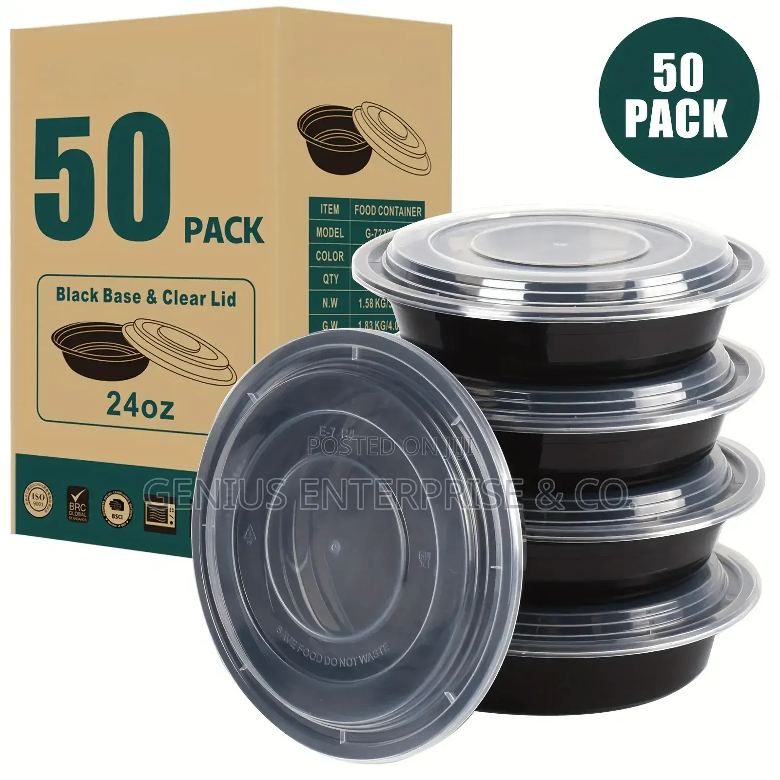 Round Meal Prep Black Colour Container for Food (50pcs)