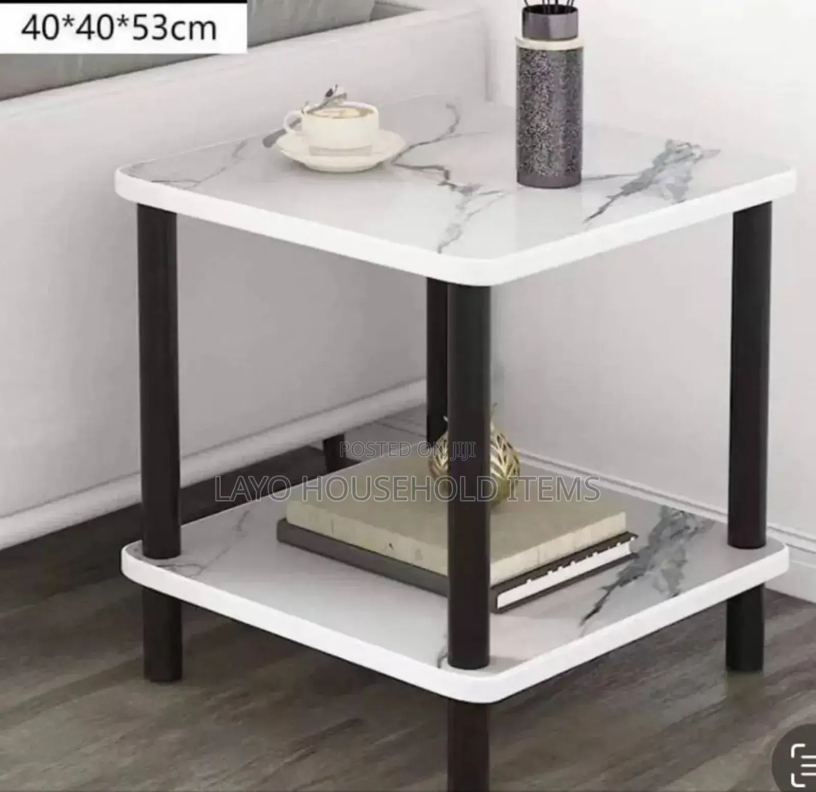 Squared 2-Tier Side Table With Faux Marble Top Metal Legs