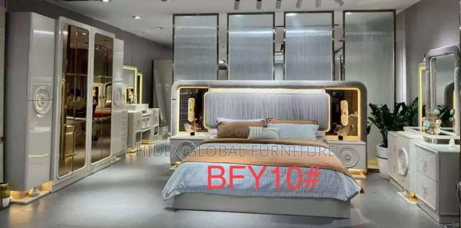 Contemporary Set of Bed With Two Side Drawers and Dresser.