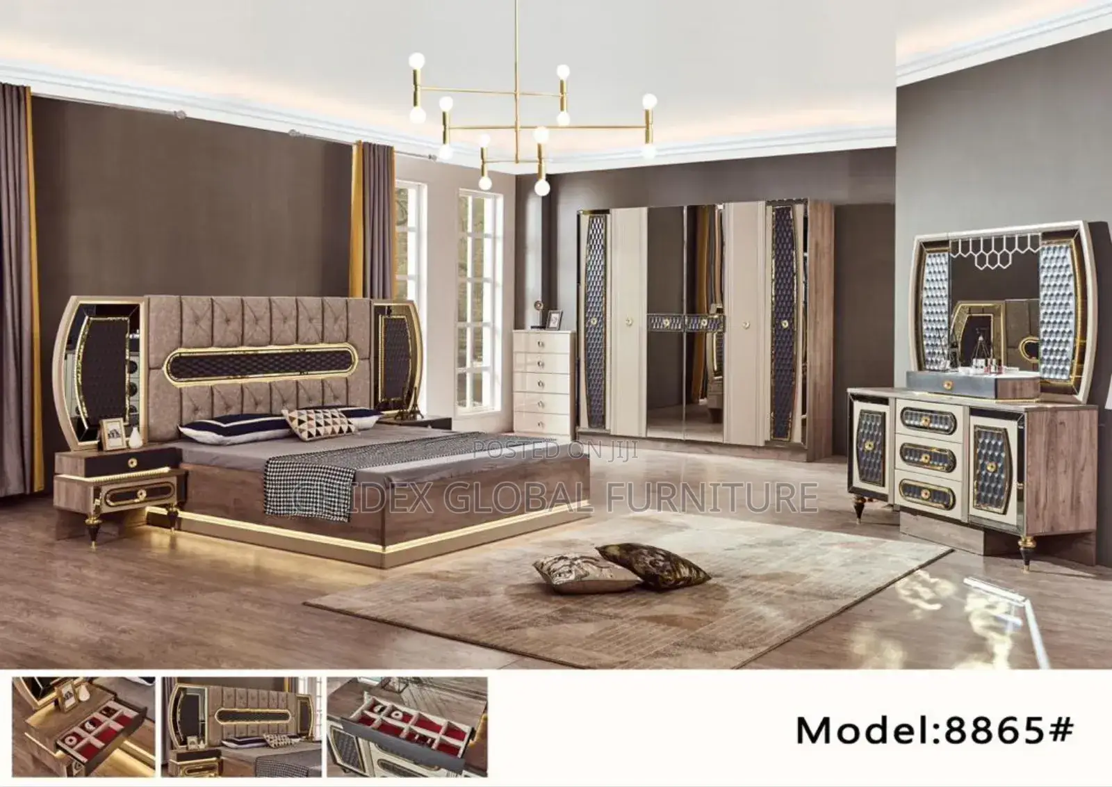 Contemporary Set of Bed With Two Side Drawers and Dresser.