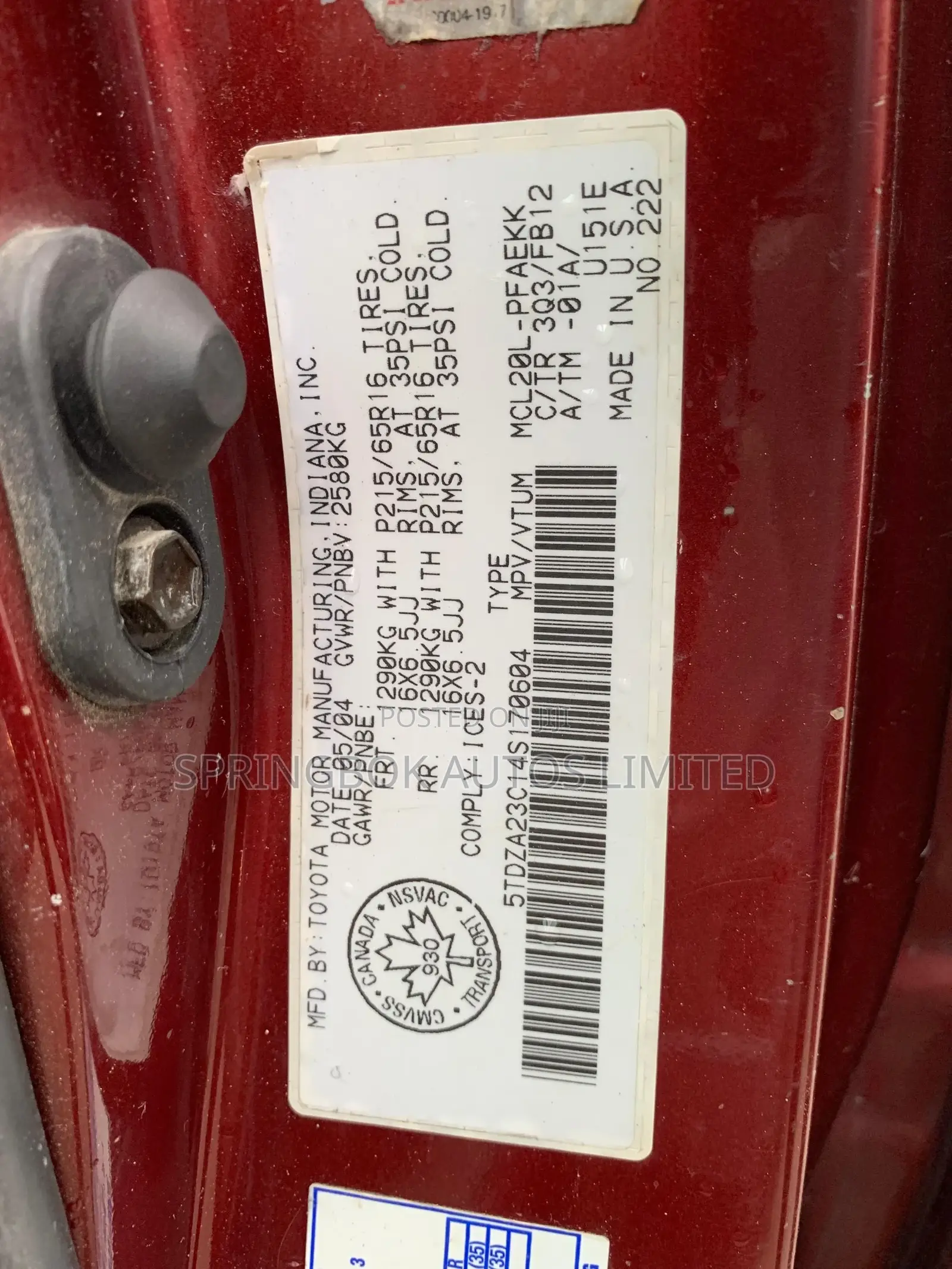 Toyota Sienna CE 2005 Red