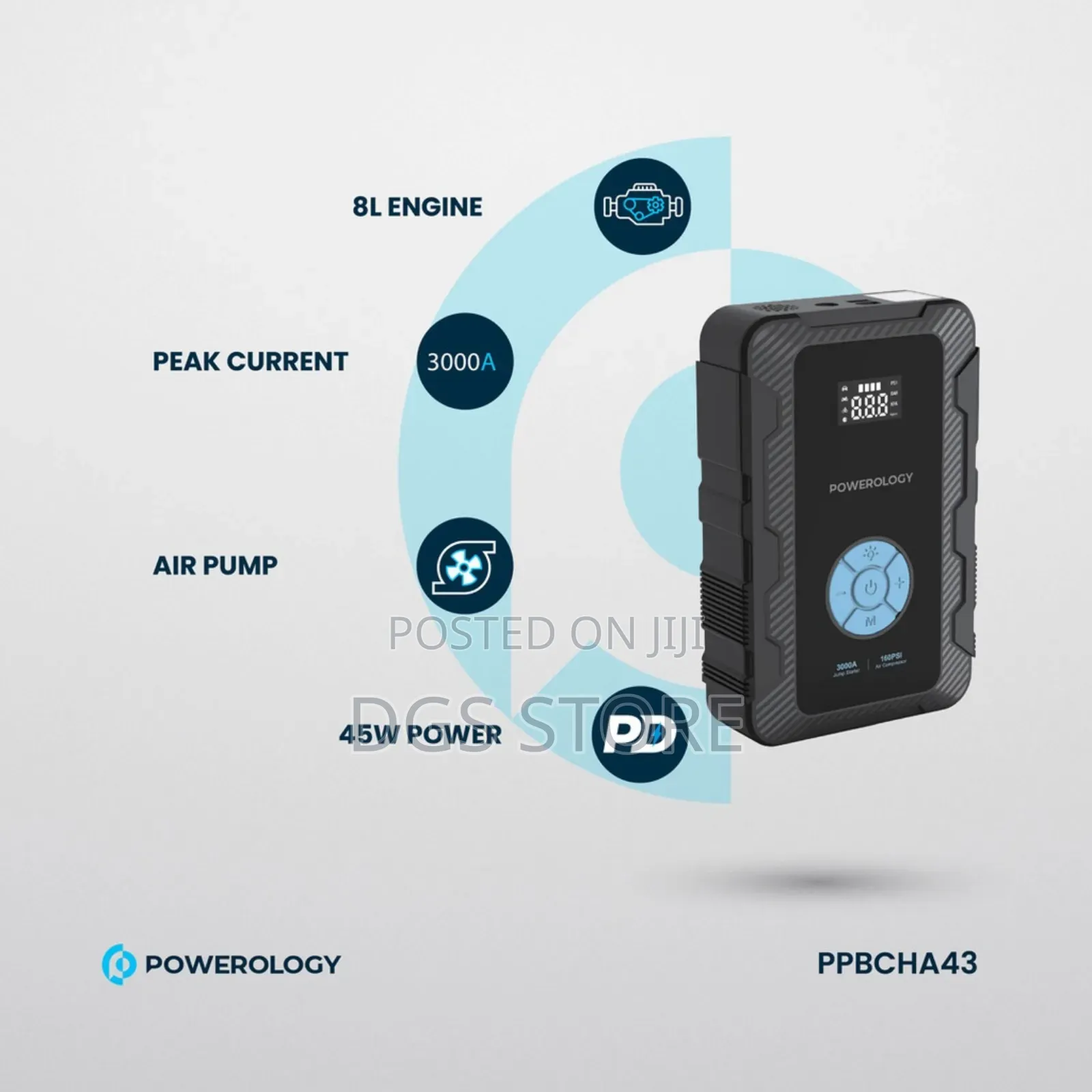 Powerology 20,000mah Power Bank Jump Start Air Compressor