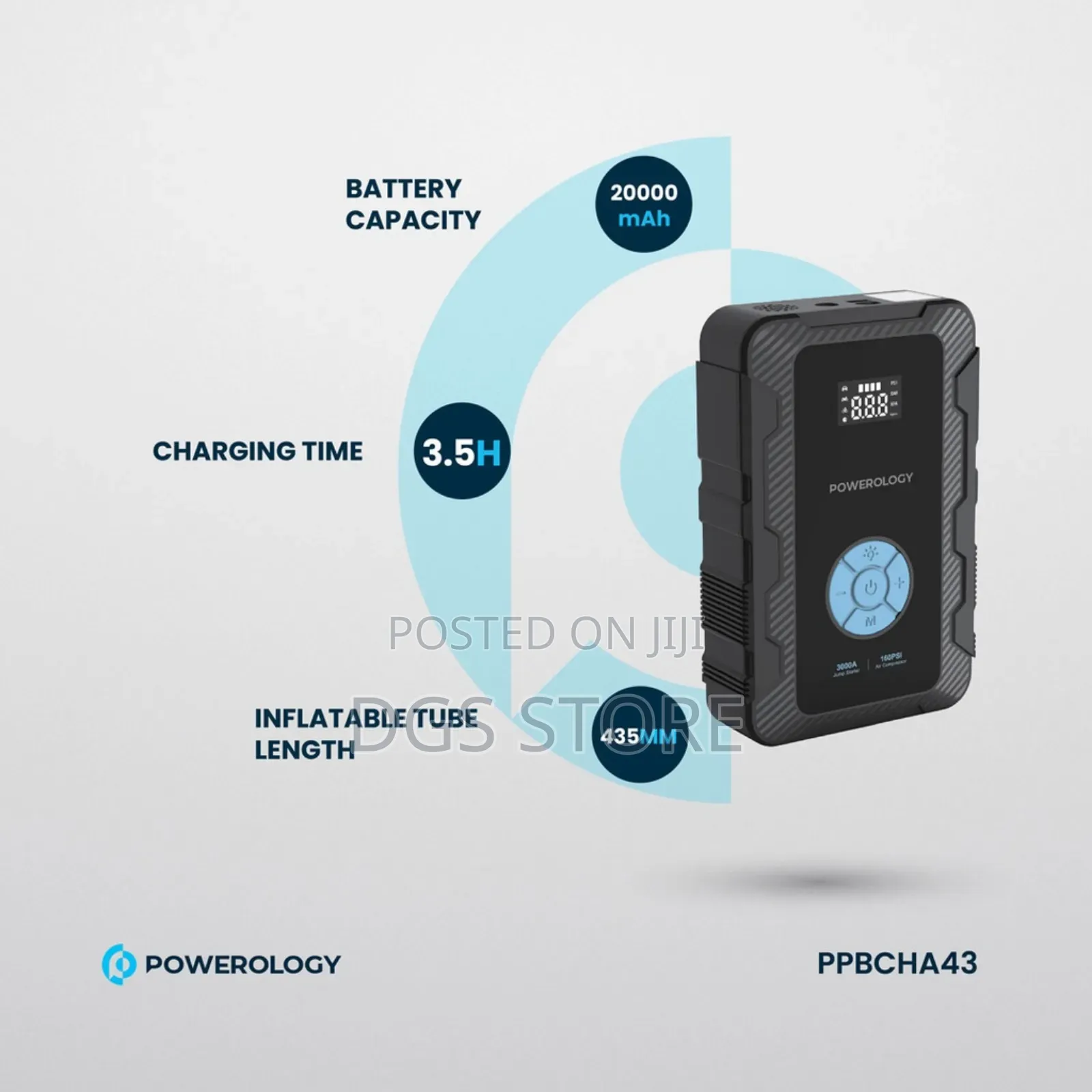 Powerology 20,000mah Power Bank Jump Start Air Compressor