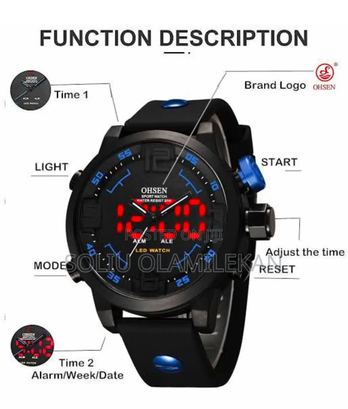 Ohsen Waterproof Double Time Rubber Wristwatch
