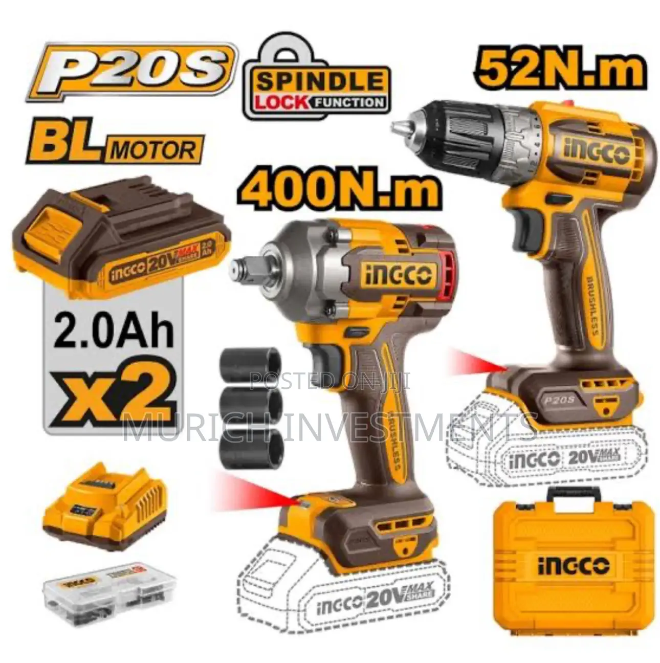 20v Impact Wrench 400nm+Drill Driver Combo 2x2.0ah+Charger