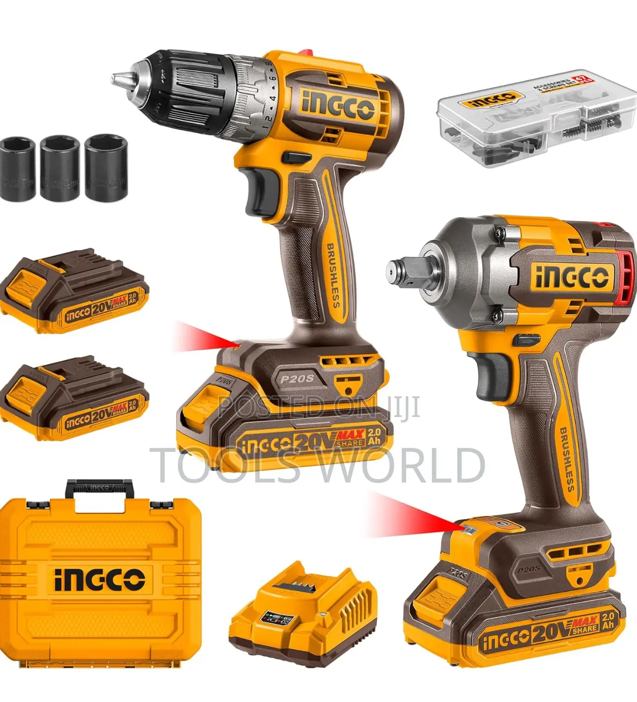 Ingco Cordless Drill 52nm Impact Wrench 400nm Combo 20v
