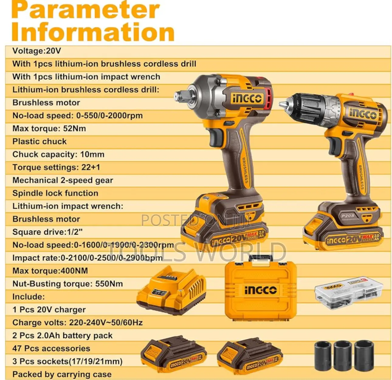 Ingco Cordless Drill 52nm Impact Wrench 400nm Combo 20v