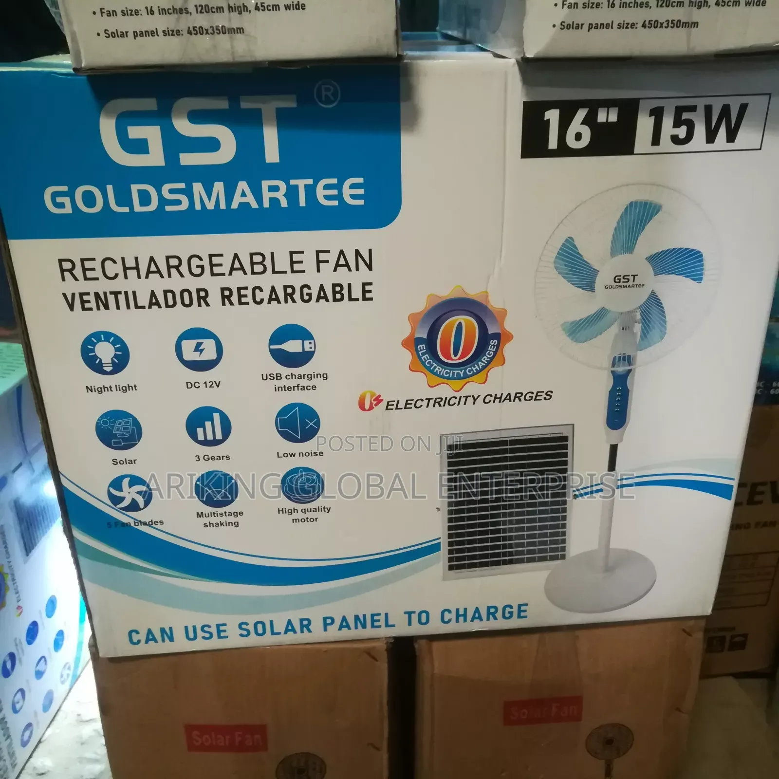 16 Inches Rechargeable GST Solar Fan With Solar Panels