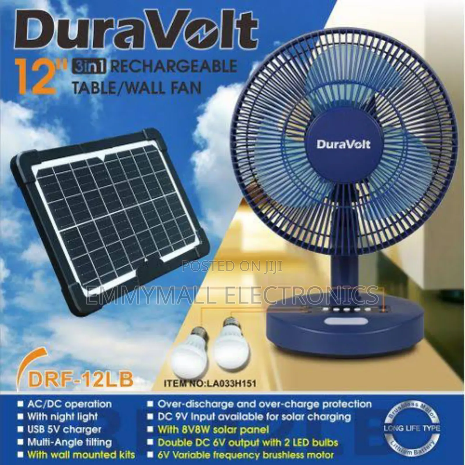 12inches Solar Rechargeable Fan DRF-12lb With Bulb and Panel