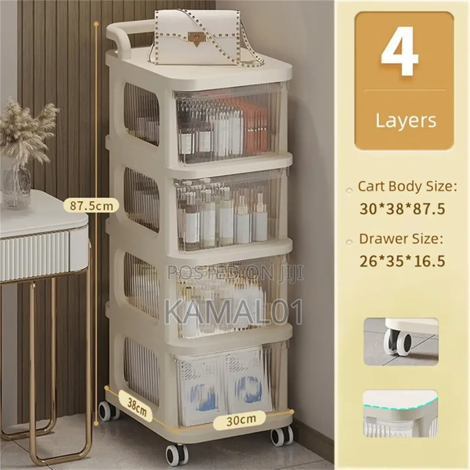 Baby Drawer Storage Cart, 4 Layer Rolling Storage Cart
