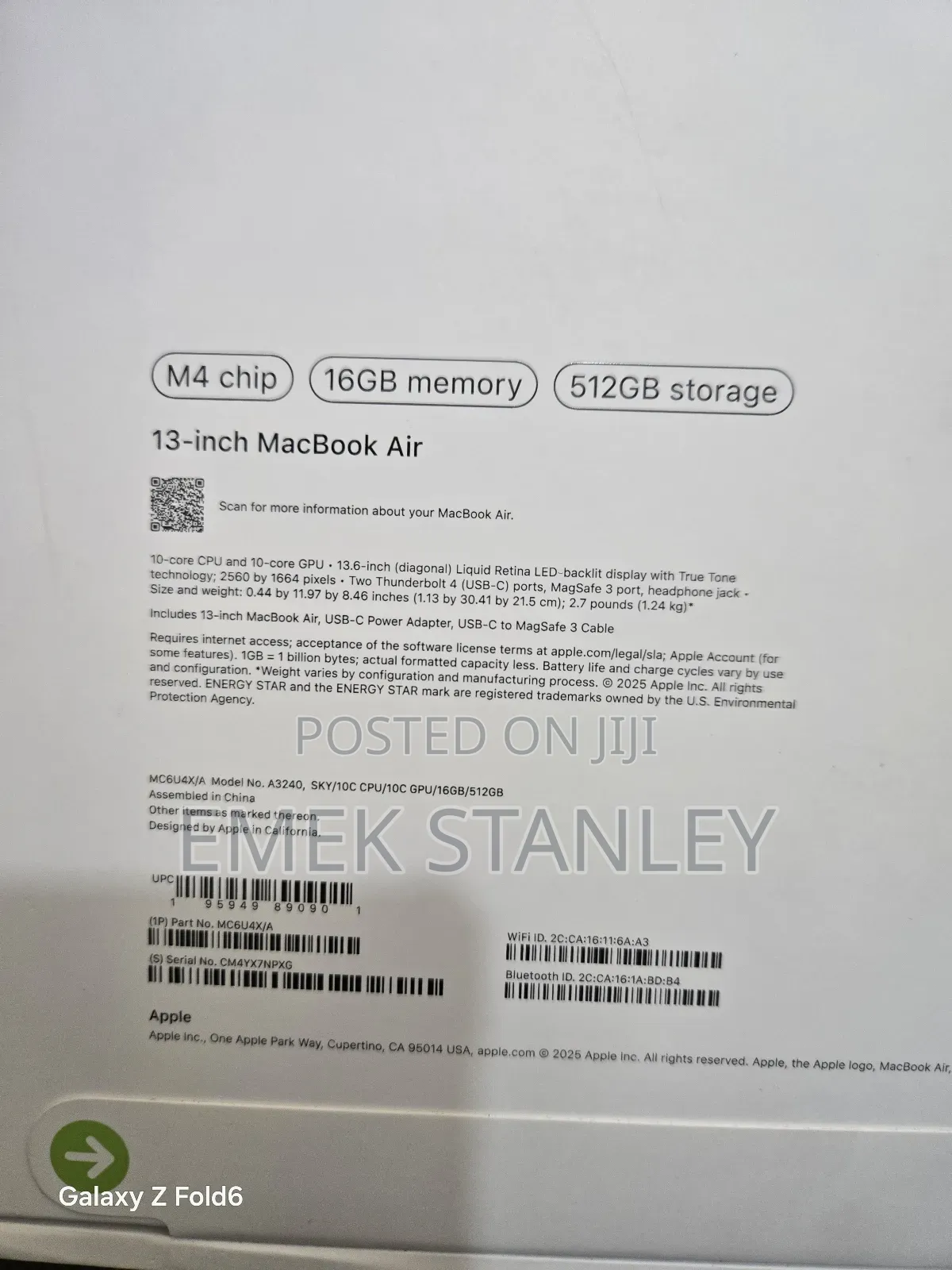New Laptop Apple MacBook Air 16GB Apple M4 SSD 512GB