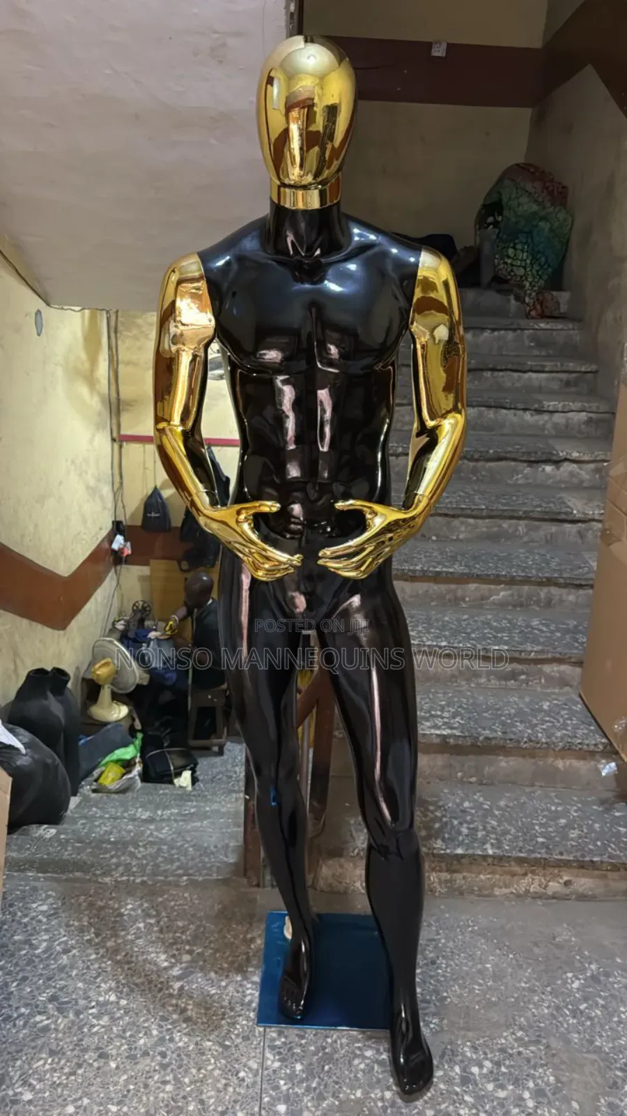 Huge Male Glossy Black And Gold Chrome Mixed Body Mannequin