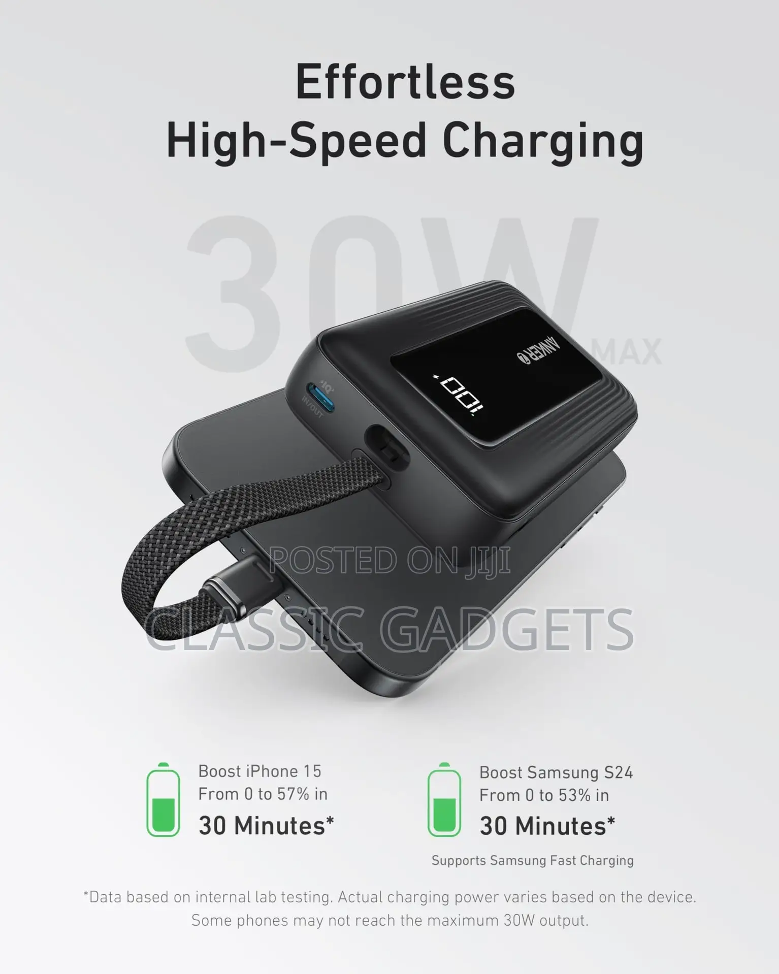 Anker Zolo Power Bank (, 30w) With Built-in Usb-C Cable.