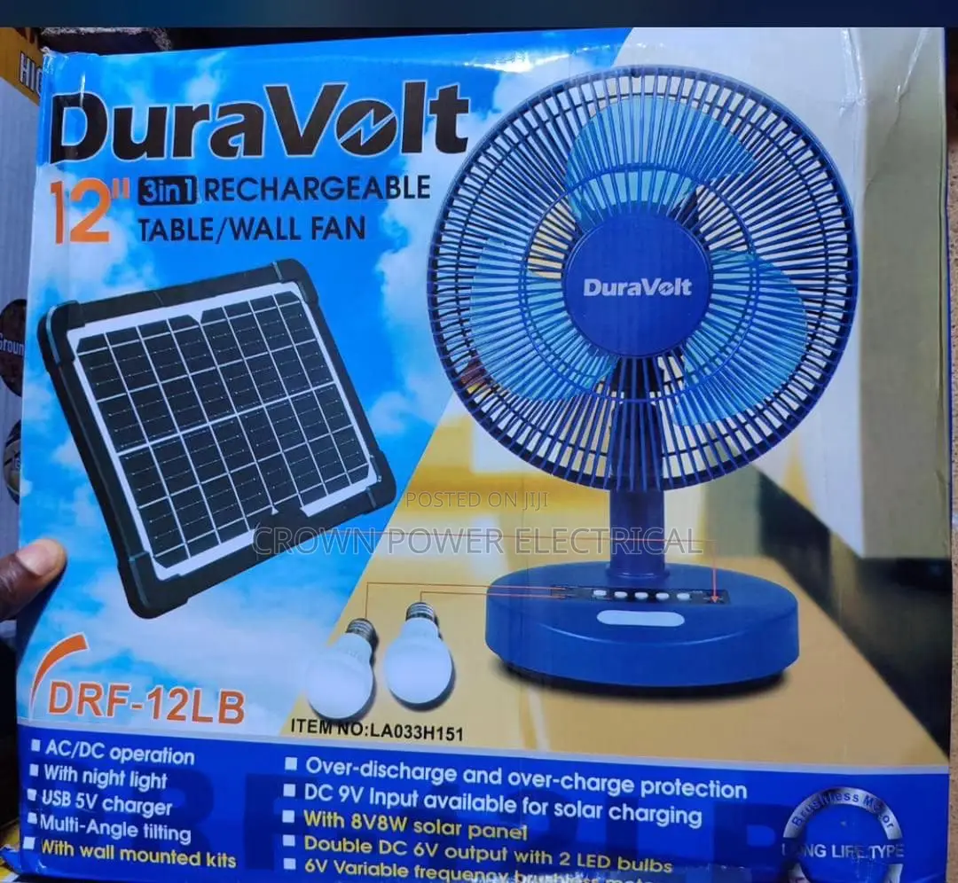 12” Duravolt Rechargeable Table/Wall Fan With Solar Panel