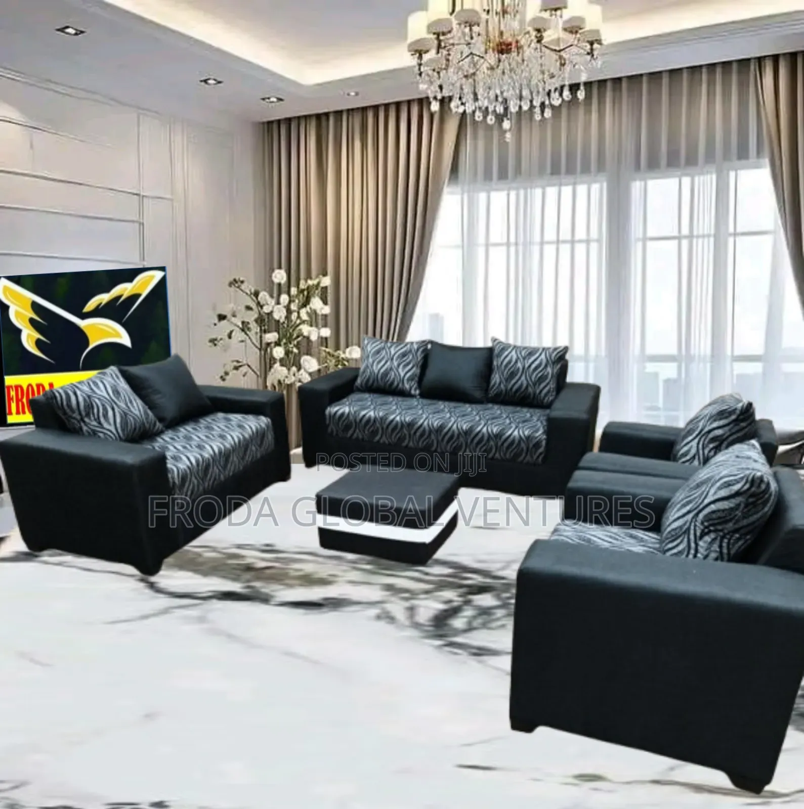 Set of 7 Seaters Couches. Black Fabric Sofa Chairs. Pblfl08