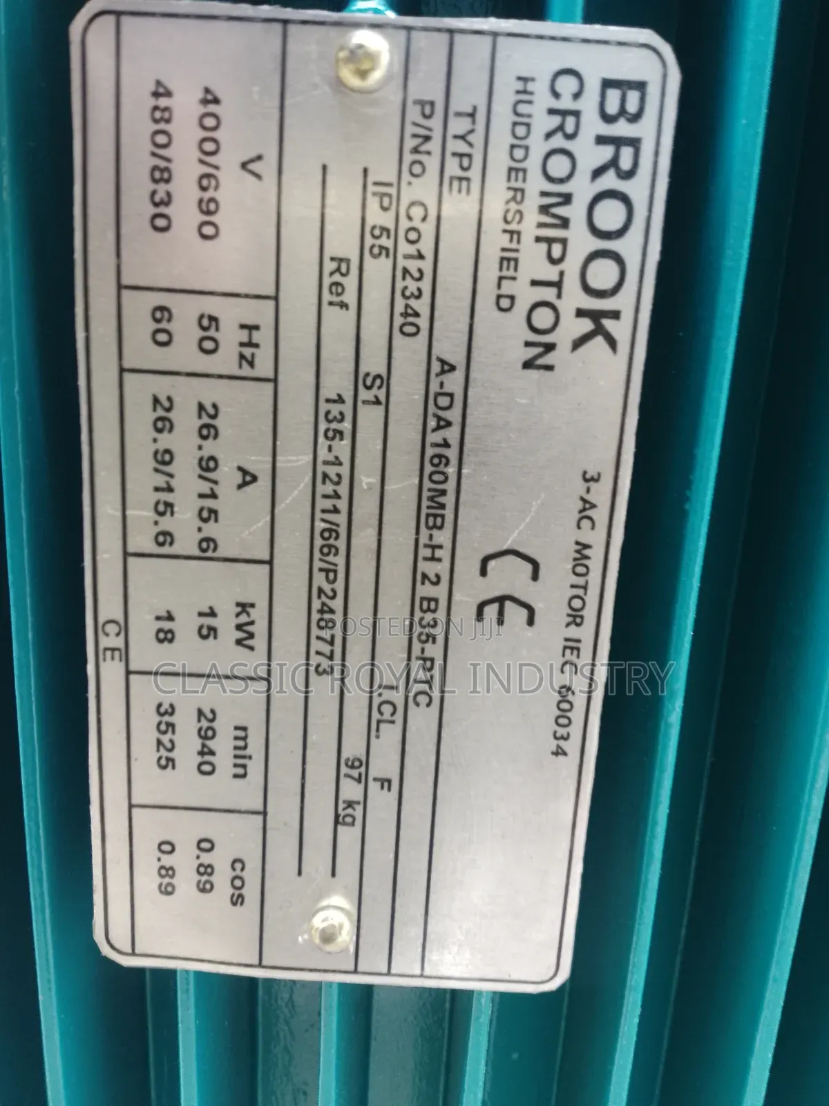 15 Kw Brook Crompton Electric Motor 2 Pole