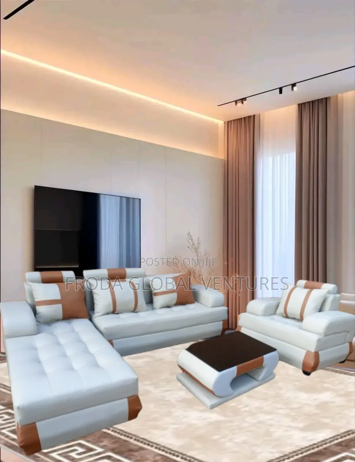 L-Shape Sofa and Single Chair With Table. Fine Leather Couch. Lam01