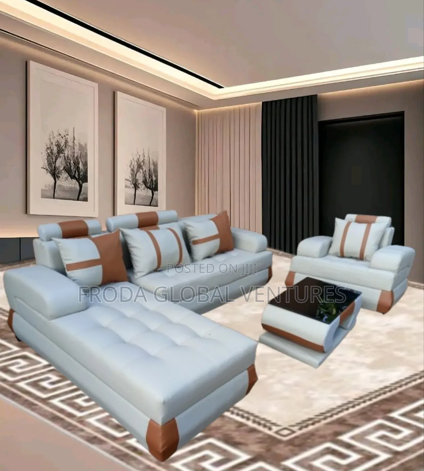 Beautiful Leather Couch. L-Shape Sofa + Single Chair + Table