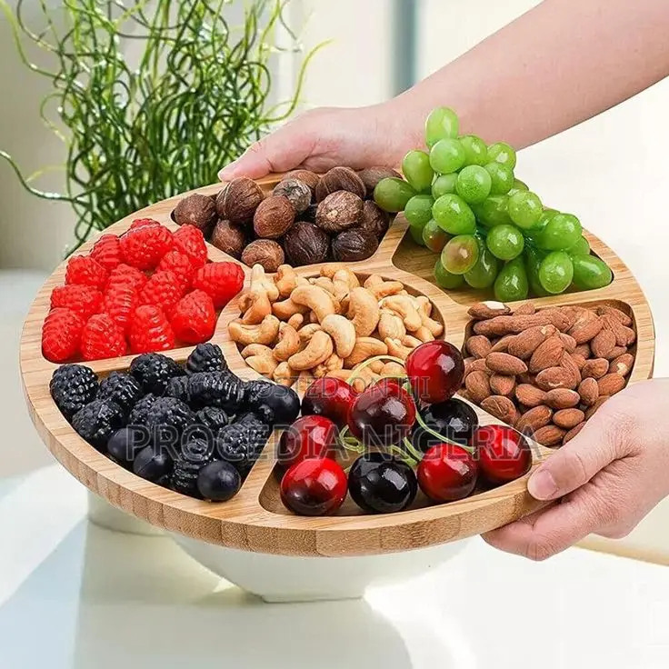 Round Wooden Snack Tray – 6 Compartments (27cm)