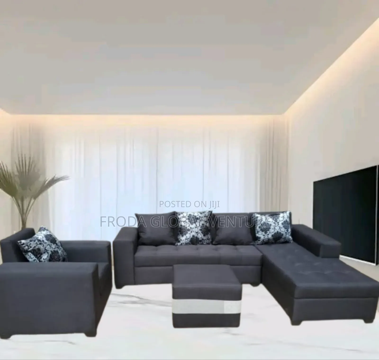 Beautiful L-Shape Sofa, Single Chair,Puf Table. Fabric Couch