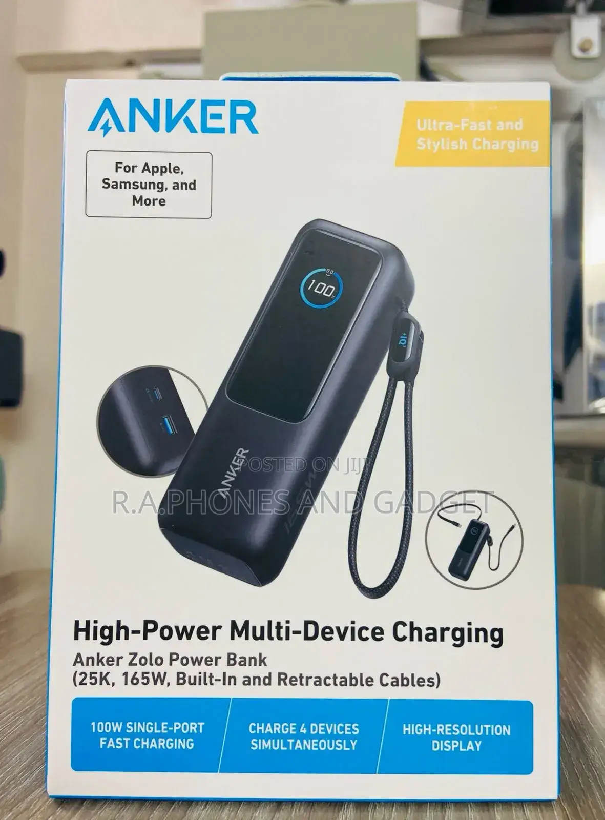 Anker Zolo Power Bank (,165w, Build In Cables)