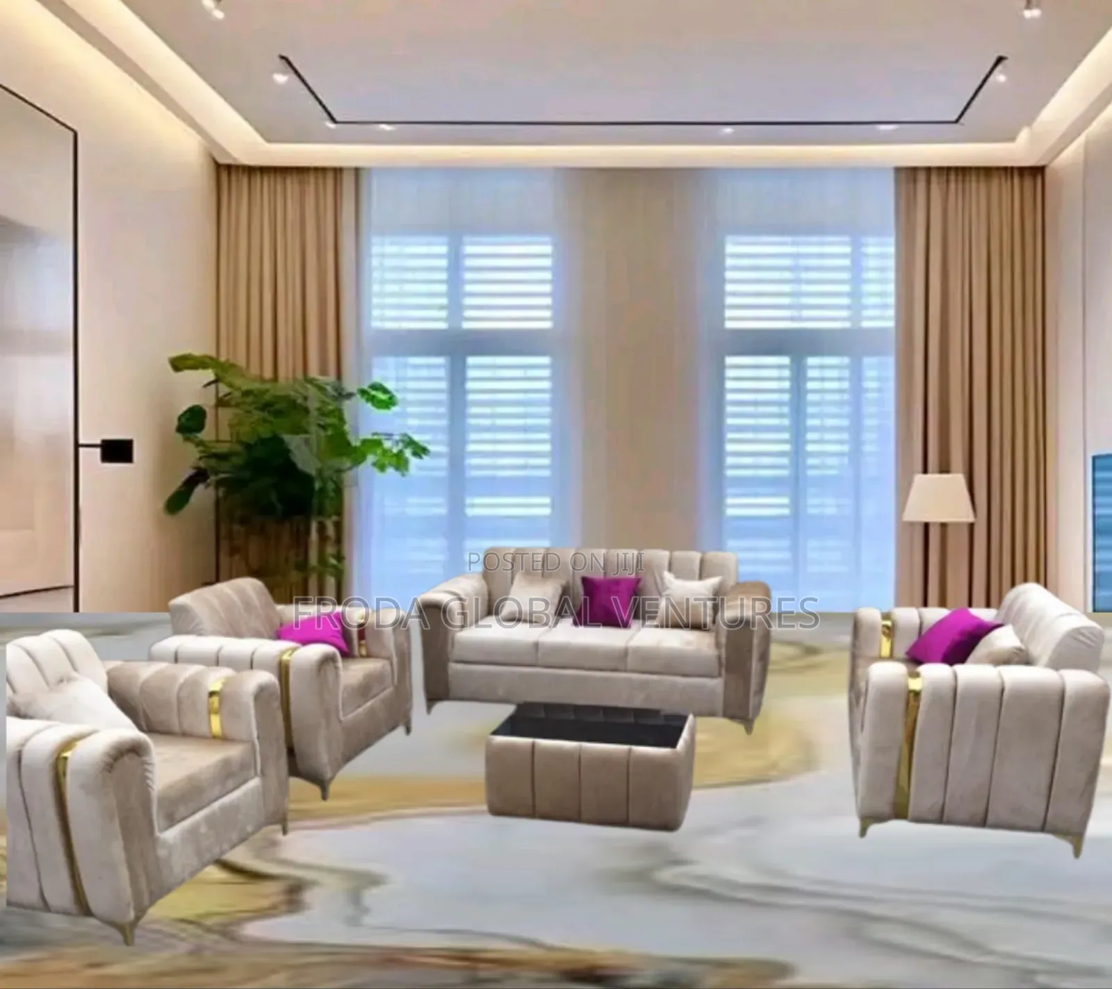 Beautiful 7 Seaters Sofa Chairs With Table. Fabric Couch