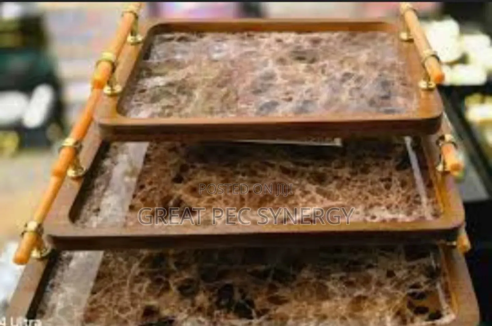 3 Set Wooden Tray With Gold Color Handle